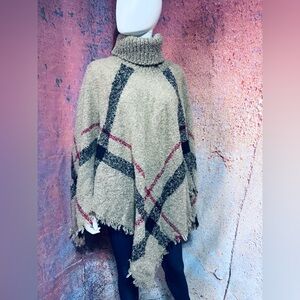 NWT Cozy Turtleneck Plaid Poncho Sweater